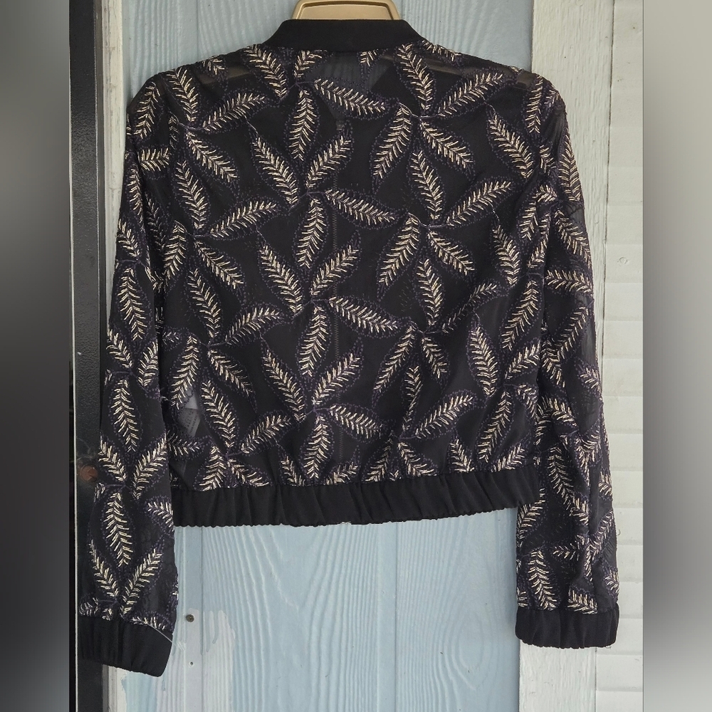 Zara Black Sheer Bomber Jacket with Leaf Design - Picture 4 of 9